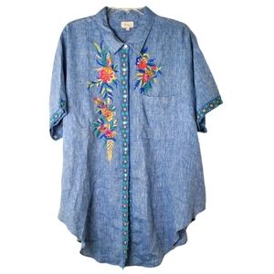 Layerz Women's Lucille Short Sleeve Blue Linen Embroidered Button Up Shirt